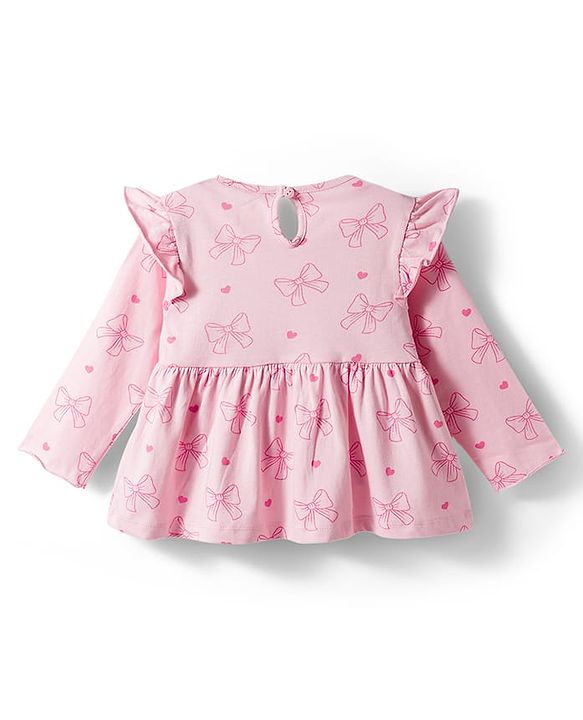 Babyhug Single Jersey Knit Full Sleeves Top & Leggings Set With Bow & Heart Print - Pink