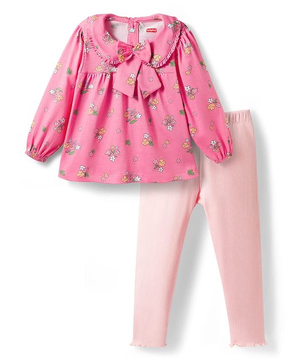 Babyhug Single Jersey Knit Full Sleeves Floral Printed Top & Leggings Set with Bow Applique - Pink