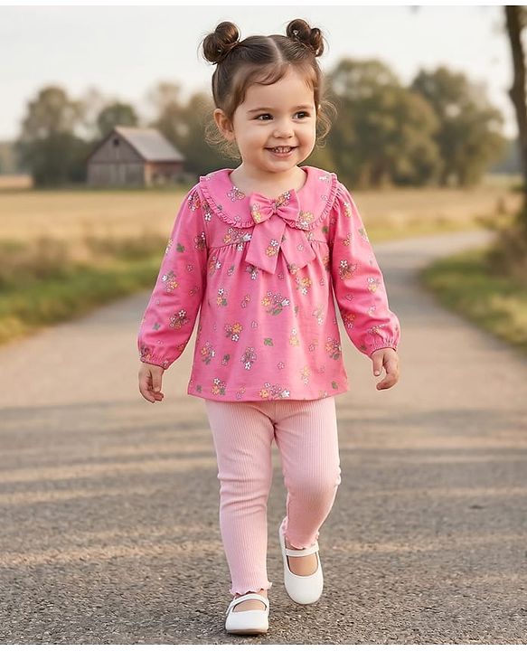 Babyhug Single Jersey Knit Full Sleeves Floral Printed Top & Leggings Set with Bow Applique - Pink