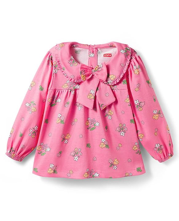 Babyhug Single Jersey Knit Full Sleeves Floral Printed Top & Leggings Set with Bow Applique - Pink