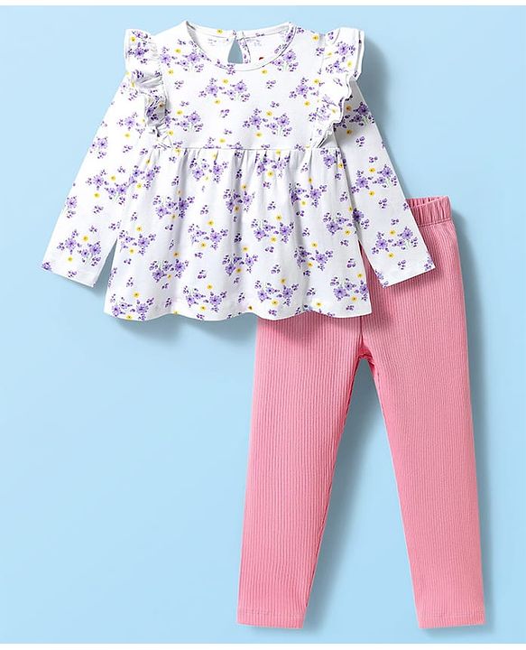 Babyhug Single Jersey Knit Full Sleeves Floral Printed Top & Leggings Set - White & Pink