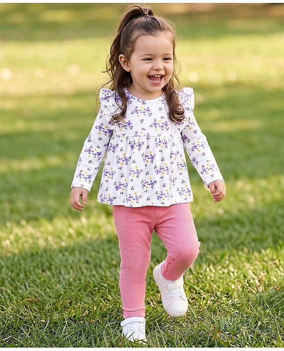 Babyhug Single Jersey Knit Full Sleeves Floral Printed Top & Leggings Set - White & Pink