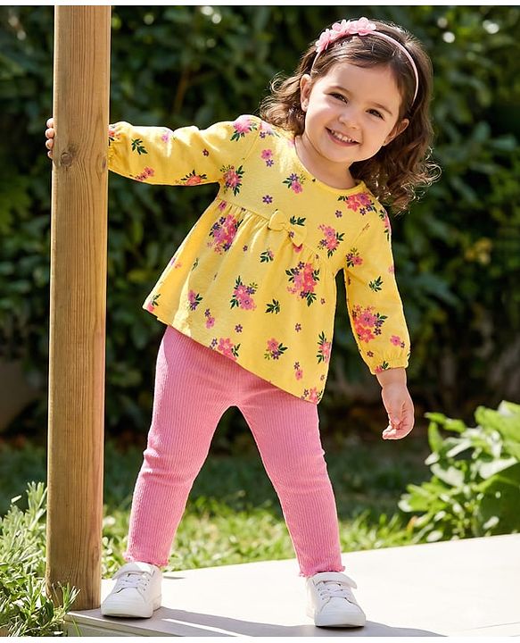 Babyhug Single Jersey Knit Full Sleeves Top & Leggings Set With Floral Print - Yellow & Pink