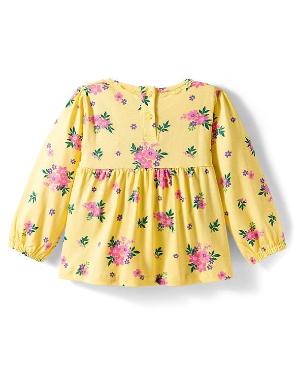 Babyhug Single Jersey Knit Full Sleeves Top & Leggings Set With Floral Print - Yellow & Pink