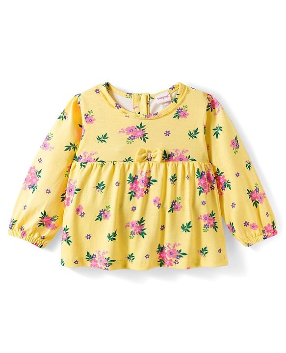 Babyhug Single Jersey Knit Full Sleeves Top & Leggings Set With Floral Print - Yellow & Pink