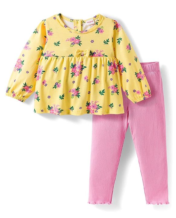 Babyhug Single Jersey Knit Full Sleeves Top & Leggings Set With Floral Print - Yellow & Pink