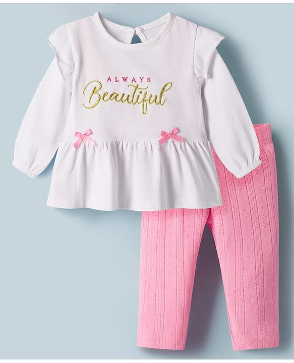Babyhug Single Jersey Knit Full Sleeves Text Embroidery Top with Bow Applique & Leggings Set - Pink & White