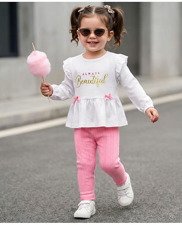 Babyhug Single Jersey Knit Full Sleeves Text Embroidery Top with Bow Applique & Leggings Set - Pink & White