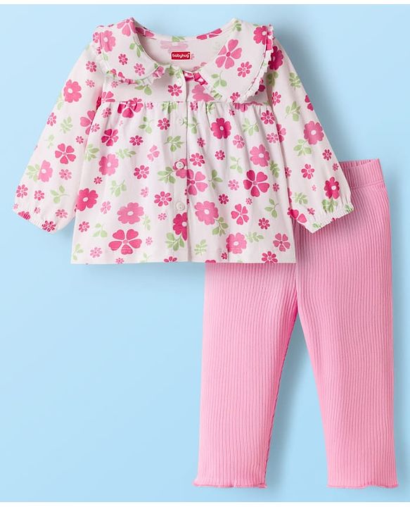 Babyhug Single Jersey Knit Full Sleeves Top & Leggings Set With Floral Print - Multicolor