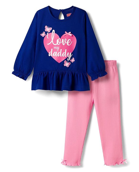 Babyhug Single Jersey Knit Full Sleeves Heart & Text Printed Top & Leggings Set - Blue & Pink