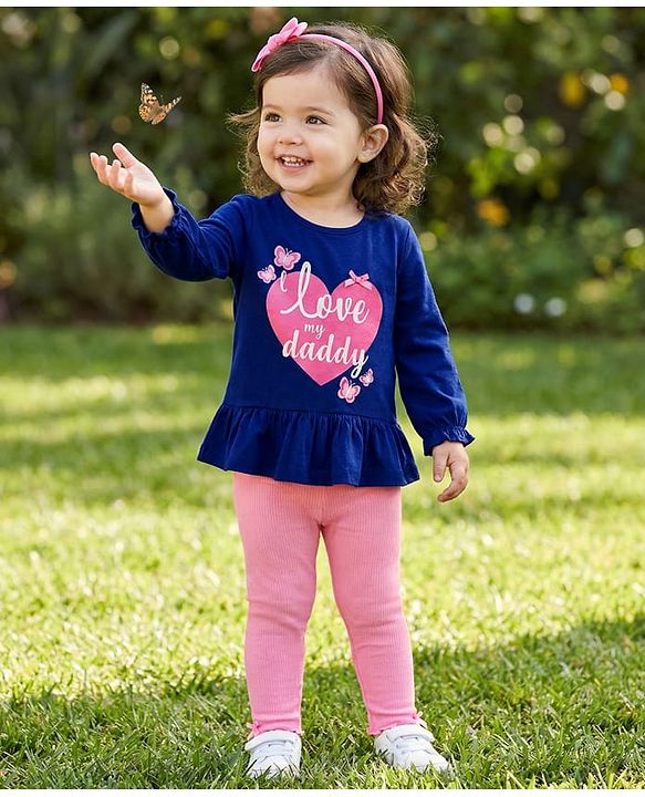 Babyhug Single Jersey Knit Full Sleeves Heart & Text Printed Top & Leggings Set - Blue & Pink