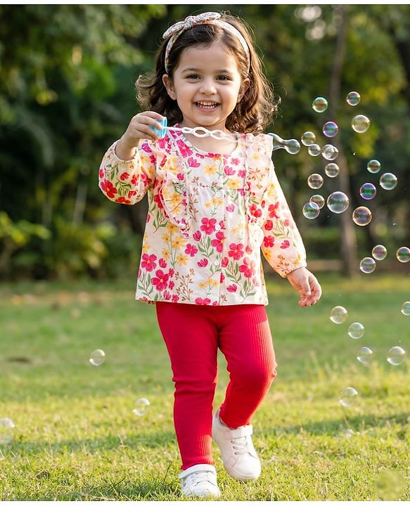 Babyhug Single Jersey Knit Full Sleeves Top & Leggings Set With Floral Print - Multicolor