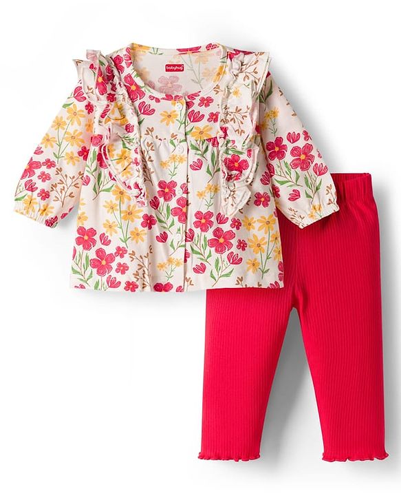 Babyhug Single Jersey Knit Full Sleeves Top & Leggings Set With Floral Print - Multicolor