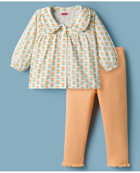 Babyhug Single Jersey Knit Full Sleeves Floral Printed Top & Leggings Set - Orange