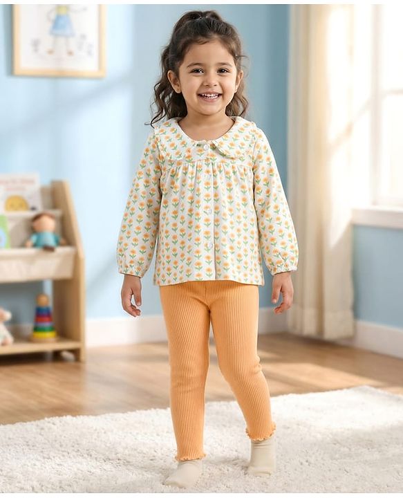 Babyhug Single Jersey Knit Full Sleeves Floral Printed Top & Leggings Set - Orange
