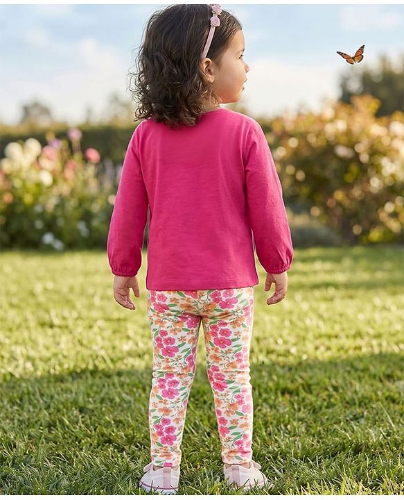 Babyhug Single Jersey Knit Full Sleeves Top & Leggings Set With Floral Print - Pink
