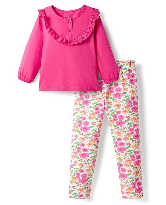 Babyhug Single Jersey Knit Full Sleeves Top & Leggings Set With Floral Print - Pink