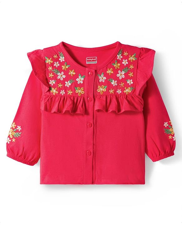 Babyhug Single Jersey Knit Full Sleeves Top & Leggings Set With Floral Embroidery & Print - Red & White