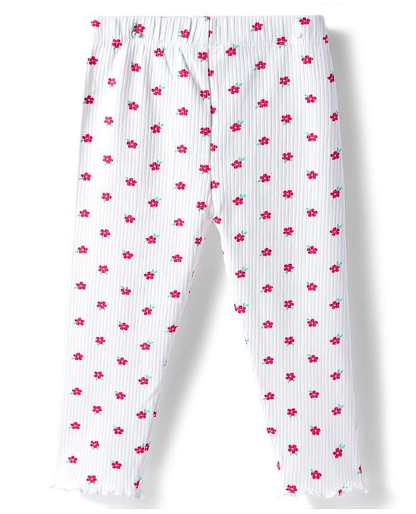 Babyhug Single Jersey Knit Full Sleeves Top & Leggings Set With Floral Embroidery & Print - Red & White