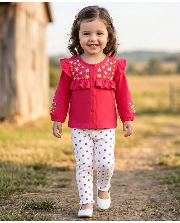 Babyhug Single Jersey Knit Full Sleeves Top & Leggings Set With Floral Embroidery & Print - Red & White