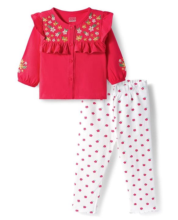 Babyhug Single Jersey Knit Full Sleeves Top & Leggings Set With Floral Embroidery & Print - Red & White