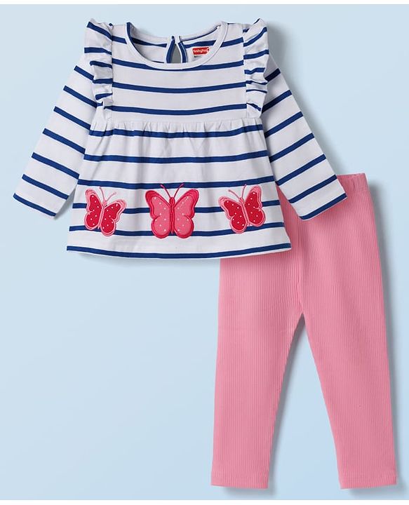 Babyhug Single Jersey Knit Full Sleeves Striped Top & Leggings Set with Butterfly Embroidery - Pink & Blue