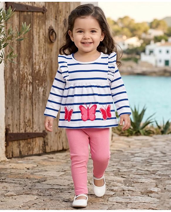 Babyhug Single Jersey Knit Full Sleeves Striped Top & Leggings Set with Butterfly Embroidery - Pink & Blue