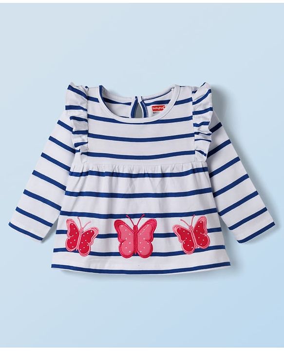 Babyhug Single Jersey Knit Full Sleeves Striped Top & Leggings Set with Butterfly Embroidery - Pink & Blue
