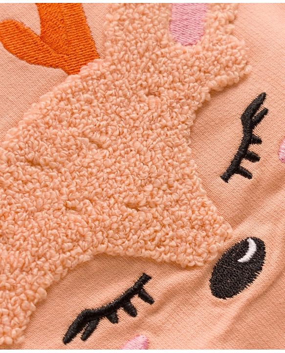 Babyhug Terry Knit Full Sleeves Deer Embroidered Top with Frill Detailing & Trouser - Peach