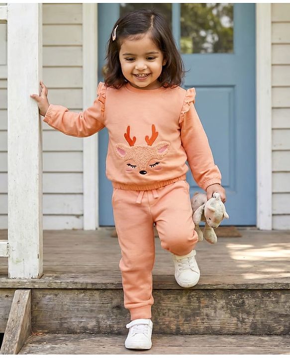 Babyhug Terry Knit Full Sleeves Deer Embroidered Top with Frill Detailing & Trouser - Peach