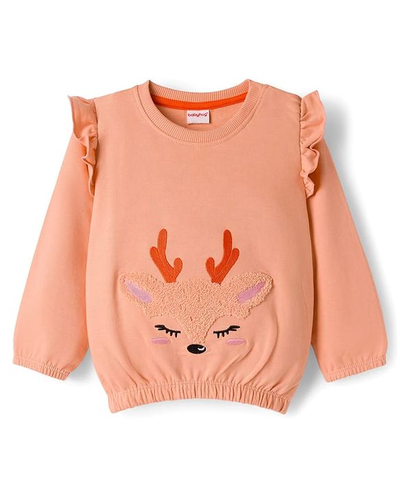 Babyhug Terry Knit Full Sleeves Deer Embroidered Top with Frill Detailing & Trouser - Peach