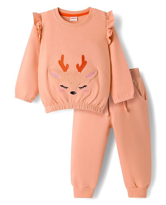 Babyhug Terry Knit Full Sleeves Deer Embroidered Top with Frill Detailing & Trouser - Peach