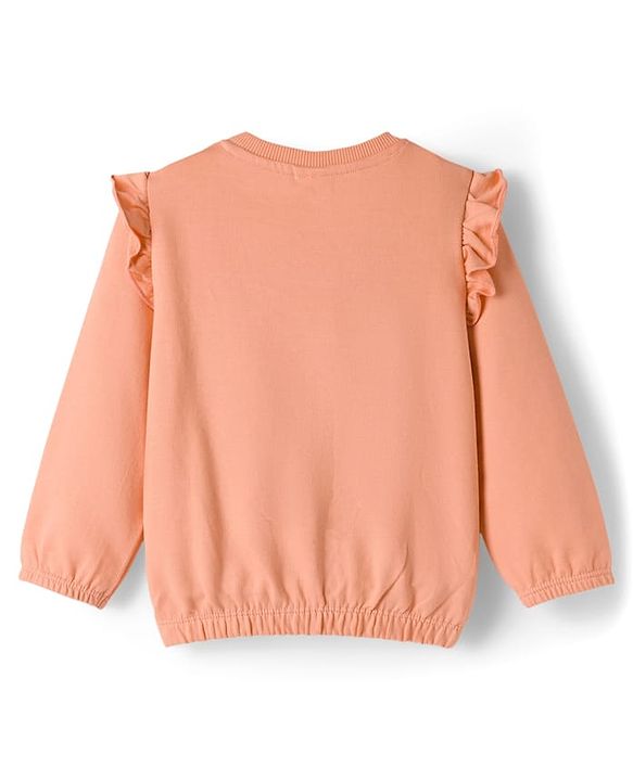 Babyhug Terry Knit Full Sleeves Deer Embroidered Top with Frill Detailing & Trouser - Peach