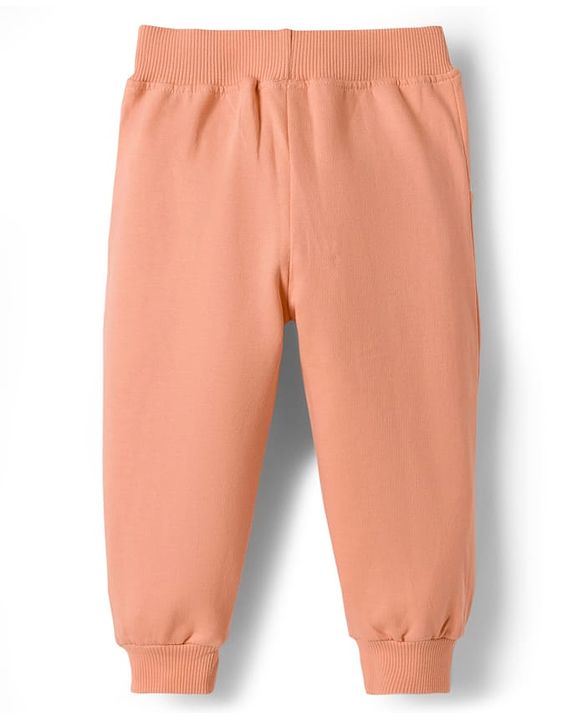 Babyhug Terry Knit Full Sleeves Deer Embroidered Top with Frill Detailing & Trouser - Peach