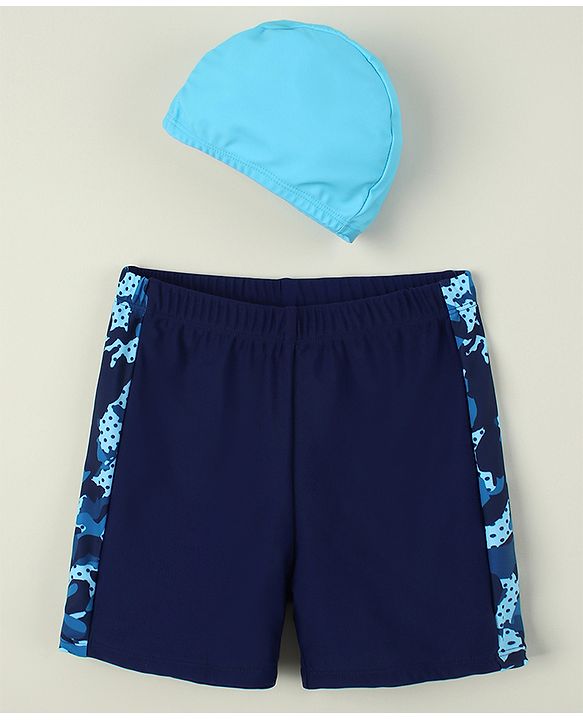Pine Kids Abstract Printed Swimming Trunk With Cap - Navy Blue