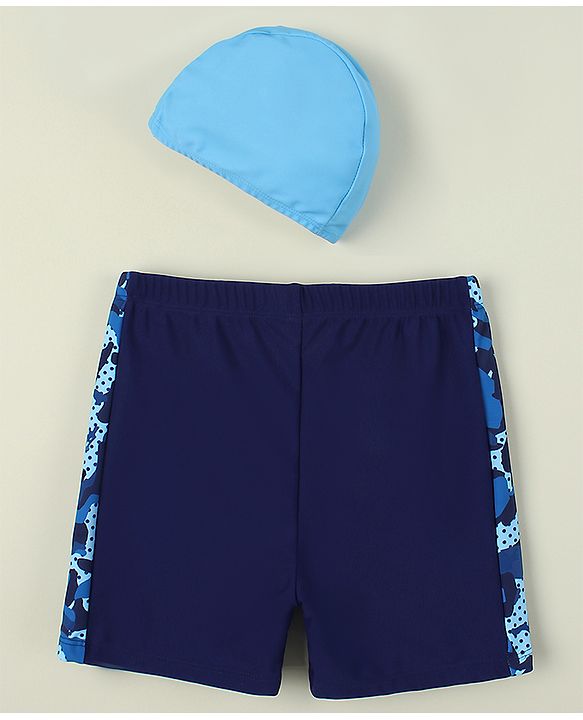 Pine Kids Abstract Printed Swimming Trunk With Cap - Navy Blue