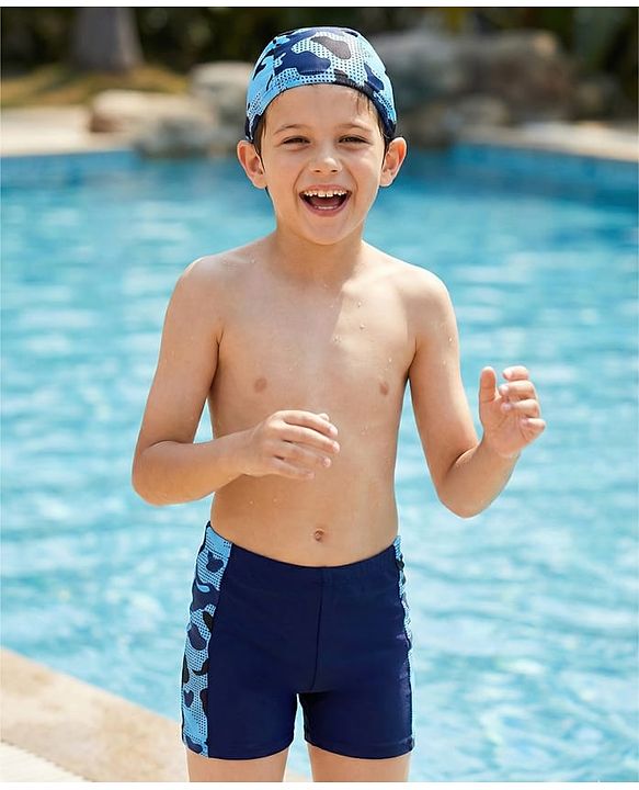 Pine Kids Abstract Printed Swimming Trunk With Cap - Navy Blue