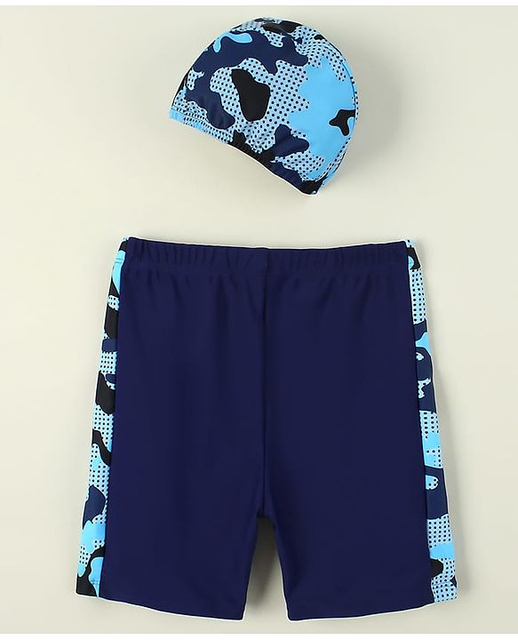 Pine Kids Abstract Printed Swimming Trunk With Cap - Navy Blue