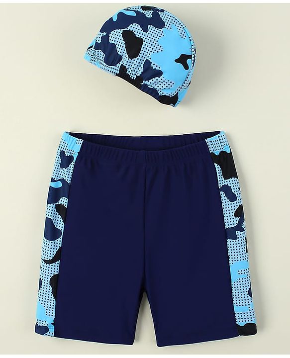 Pine Kids Abstract Printed Swimming Trunk With Cap - Navy Blue