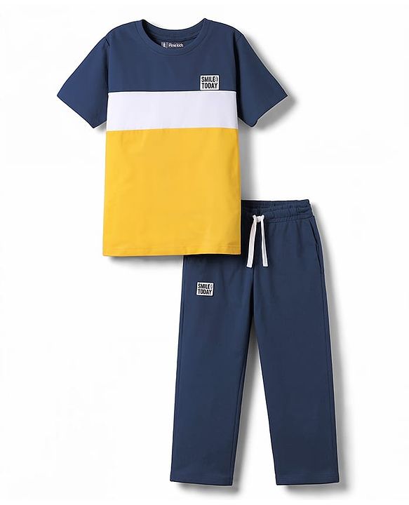 Pine Kids Cotton Knit Half Sleeves Cut & Sew T-Shirt & Lounge Pant Set with Patch Detailing - Navy Blue & Gold