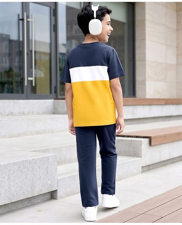 Pine Kids Cotton Knit Half Sleeves Cut & Sew T-Shirt & Lounge Pant Set with Patch Detailing - Navy Blue & Gold