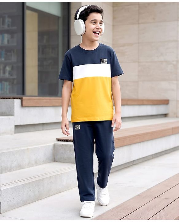 Pine Kids Cotton Knit Half Sleeves Cut & Sew T-Shirt & Lounge Pant Set with Patch Detailing - Navy Blue & Gold