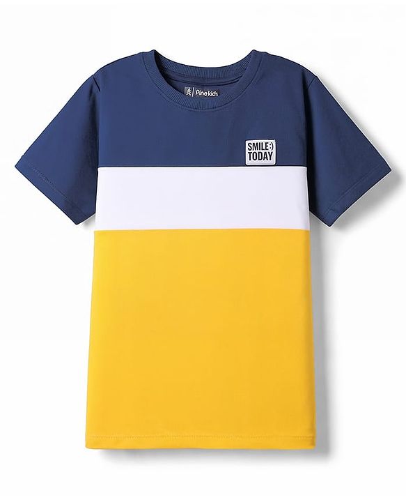 Pine Kids Cotton Knit Half Sleeves Cut & Sew T-Shirt & Lounge Pant Set with Patch Detailing - Navy Blue & Gold