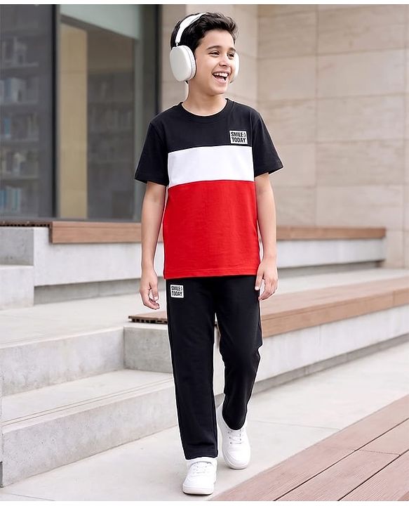Pine Kids Cotton Knit Half Sleeves Cut & Sew T-Shirt & Lounge Pant Set with Patch Detailing - Red & Black