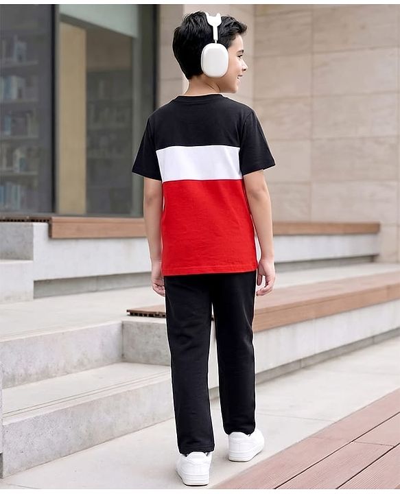 Pine Kids Cotton Knit Half Sleeves Cut & Sew T-Shirt & Lounge Pant Set with Patch Detailing - Red & Black