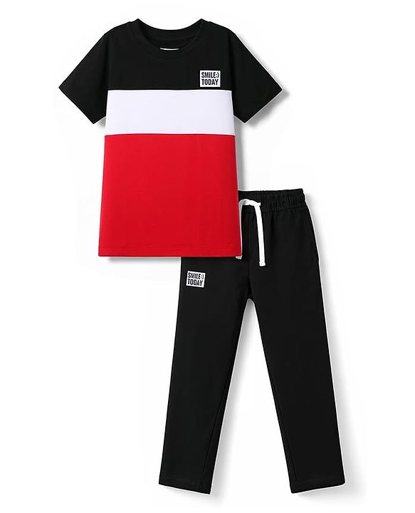 Pine Kids Cotton Knit Half Sleeves Cut & Sew T-Shirt & Lounge Pant Set with Patch Detailing - Red & Black