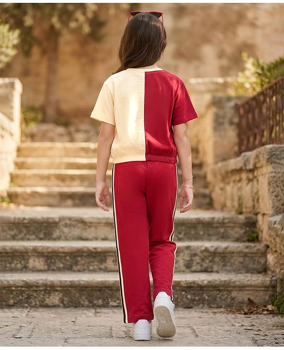 Pine Kids 100% Cotton Knit Half Sleeves Cut N Sew Top & Pant Set - Cream & Red