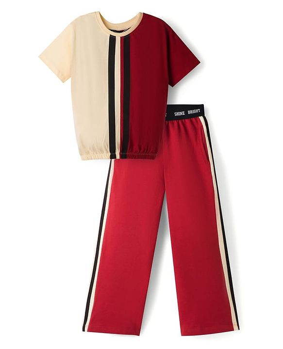 Pine Kids 100% Cotton Knit Half Sleeves Cut N Sew Top & Pant Set - Cream & Red