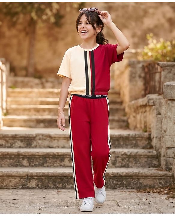 Pine Kids 100% Cotton Knit Half Sleeves Cut N Sew Top & Pant Set - Cream & Red