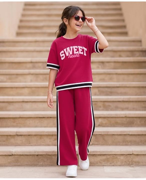 Pine Kids 100% Cotton Knit Half Drop Shoulder Sleeves Text Printed Top & Pant Set - Dark Pink